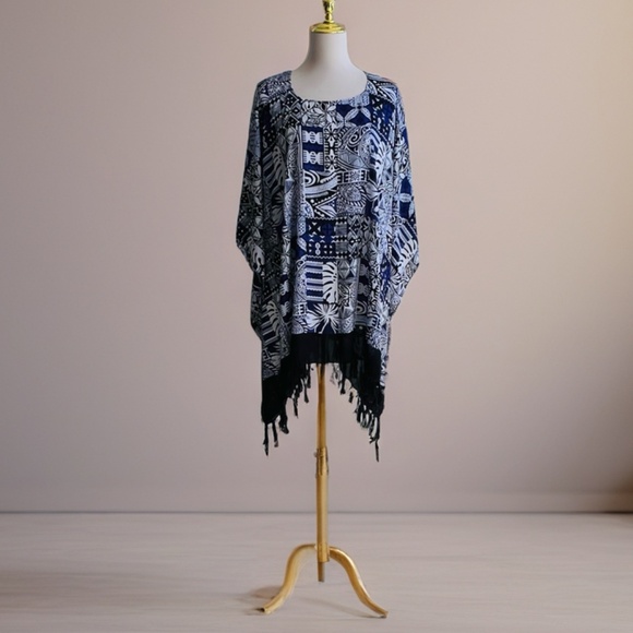 0122/ Black Purple Patterns Poncho with fringed, Tropical Pattern Poncho - Picture 5 of 11